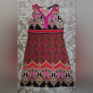 Liz Claiborne Sleeveless Mixed-Print V-Neck Dress in Pink and Brown-Size M